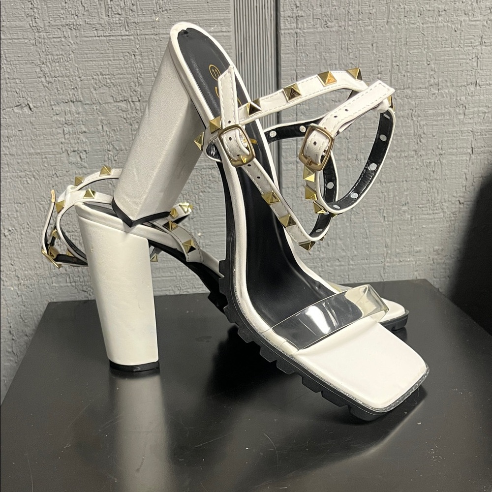 SHEIN White Heels with Gold Studs